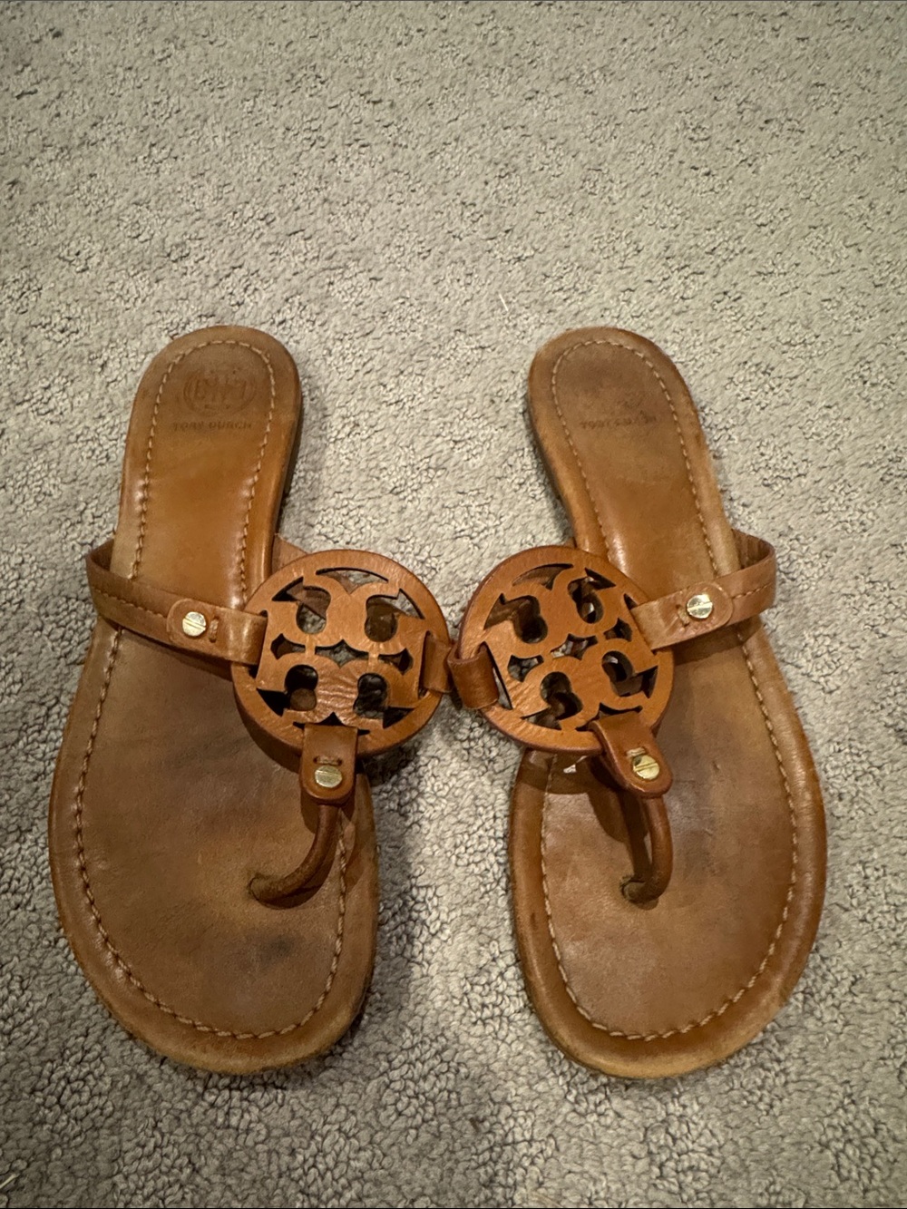 Tory Burch Tan Leather Logo Thong Sandals